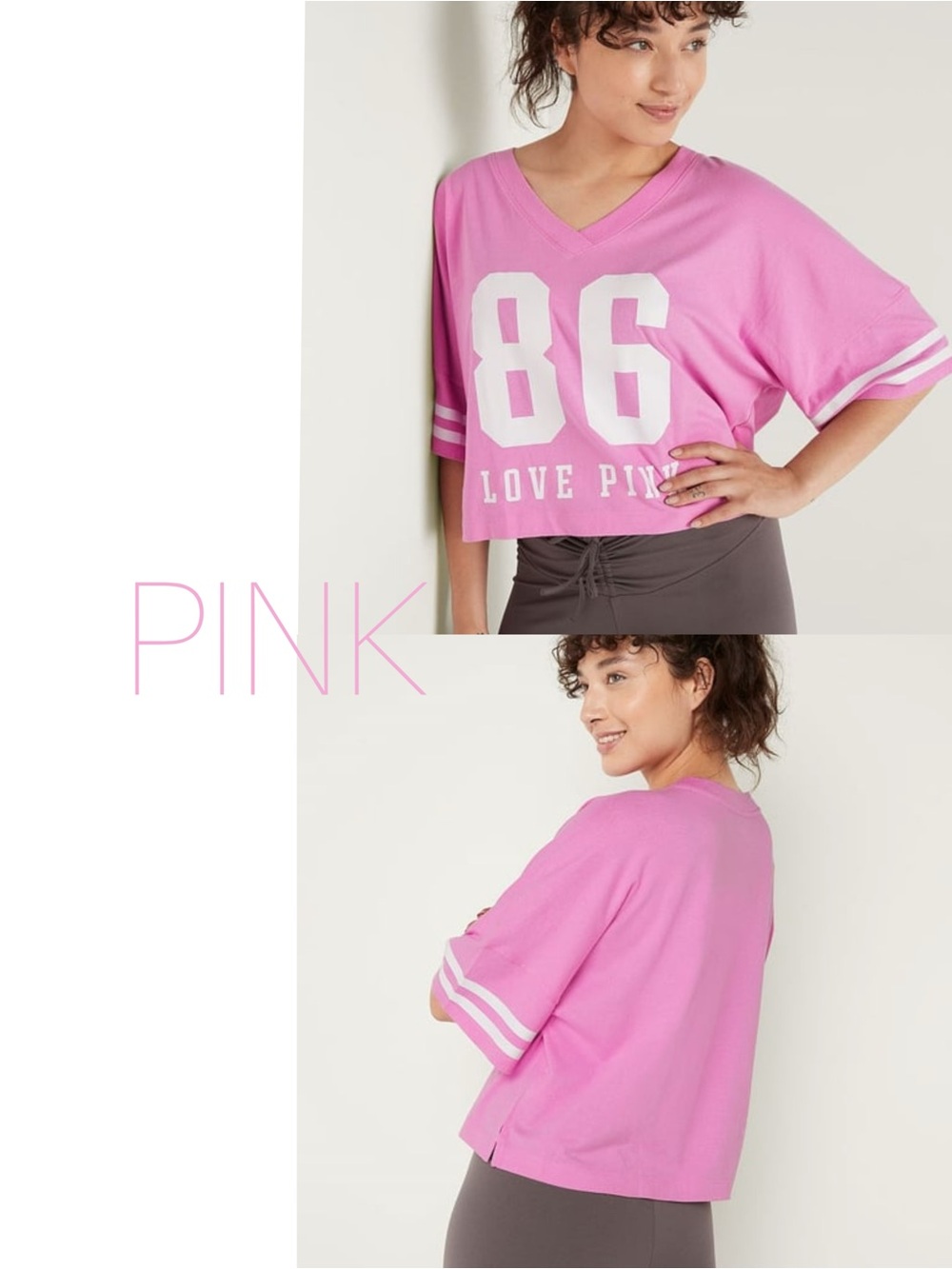 PINK Victoria's Secret Bright Pink '86' Cropped V-Neck Tee